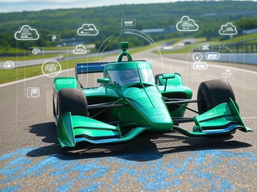 A futuristic green racing car equipped with advanced digital overlays on a racetrack.