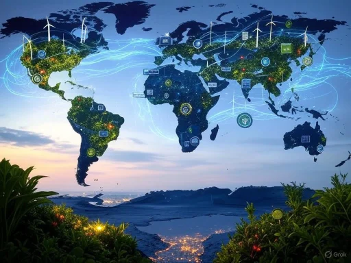A digital world map overlay showing global connections, renewable energy sources, and technological icons across continents.