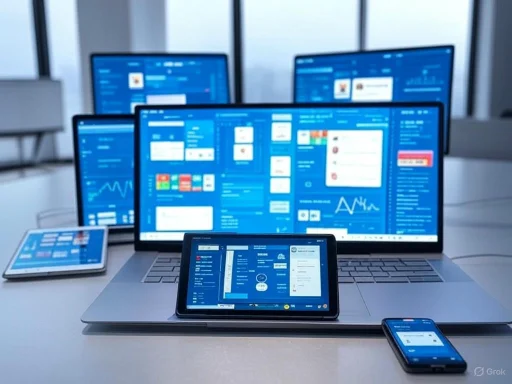 Multiple screens and devices with blue digital dashboards displaying charts, graphs, and data analytics.