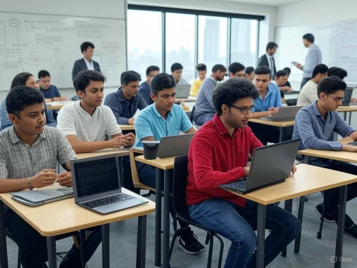 Students working on laptops in a modern classroom with a teacher at the whiteboard.