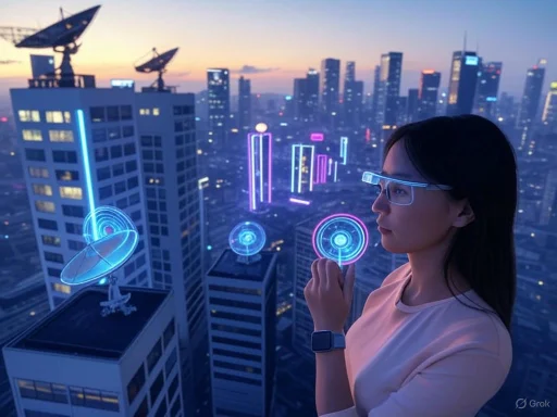 A woman interacts with holographic digital interfaces on a futuristic city skyline at dusk.