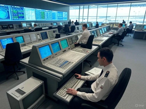 Air traffic controllers monitor aircraft and navigational data in a busy control tower.