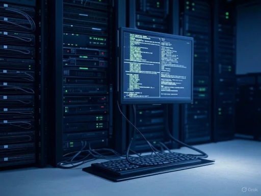 A computer in a server room displays code on a monitor, surrounded by server racks with blinking lights.