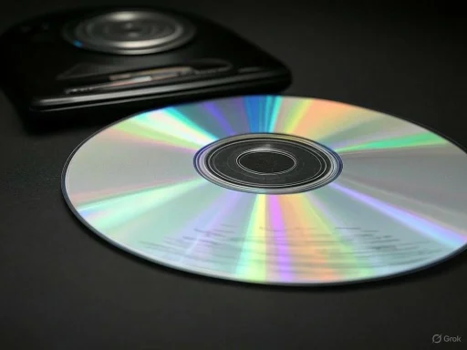 A close-up of a colorful CD and a digital audio player on a dark surface.
