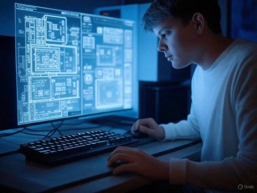 A young man monitors digital blueprints or code on a large screen in a dimly lit room. A young man monitors digital blueprints or code on a large screen in a dimly lit room.