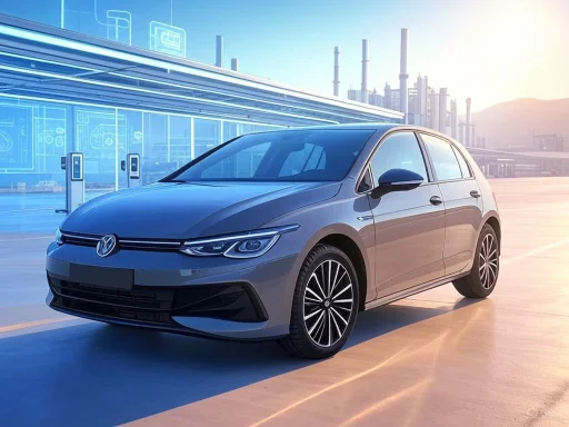 A sleek gray VW electric hatchback is parked at a futuristic charging station against an industrial backdrop.