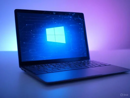 A laptop displaying the Windows logo with a digital circuit background and colorful lighting. A laptop displaying the Windows logo with a digital circuit background and colorful lighting.
