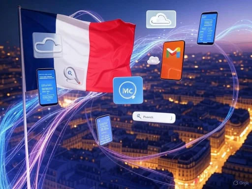 A French flag surrounded by digital cloud and app icons over a cityscape, illustrating digital connectivity.