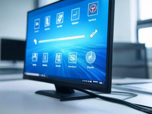 A computer monitor displaying a desktop with various icons and a progress bar on a white desk in a bright office.