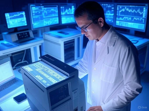 Scientist analyzing data on a high-tech machine in a dark, computer-filled laboratory with multiple monitors displaying graphs.