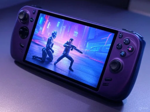 A handheld gaming console displaying a cyberpunk-themed game scene with neon lights and characters holding weapons.