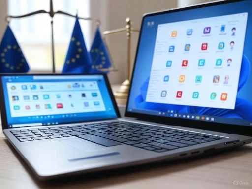 Two laptops display app icons, with EU flags in the background, suggesting an official or governmental setting.