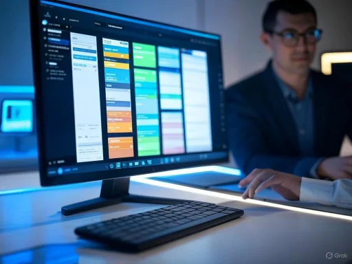 A person works on a computer with a colorful digital scheduling or project management application on the screen. A person works on a computer with a colorful digital scheduling or project management application on the screen.