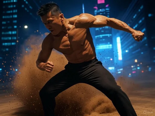 A muscular man shirtless, in an aggressive fighting stance amid a city at night with dust flying around.