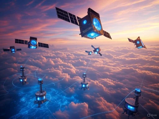 Futuristic satellites orbit above clouds with glowing blue lights and interconnected ground stations at sunset.