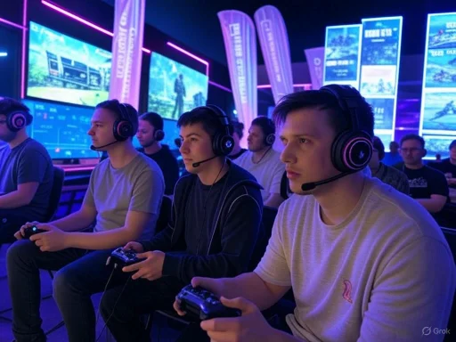Young men wearing headsets are intensely playing video games at a modern gaming event.