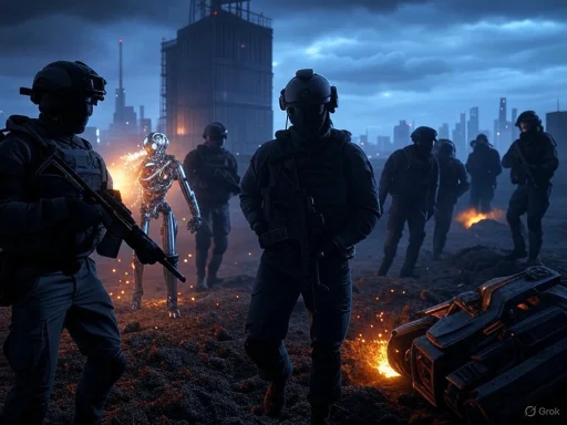 Military soldiers on a rooftop at dusk, with a damaged robot, sparks, and fire in a futuristic cityscape.