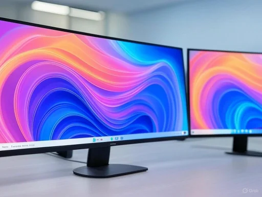 Two curved computer monitors display vibrant, colorful wave patterns on a light-colored desk.