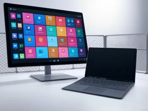 A desktop monitor displaying colorful app icons next to a compact black laptop on a white desk. A desktop monitor displaying colorful app icons next to a compact black laptop on a white desk.