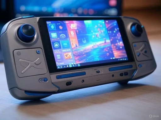 A handheld gaming console with a colorful display and control buttons, resting on a wooden surface.