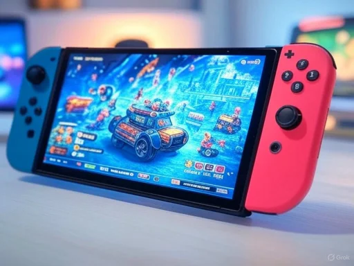 A Nintendo Switch gaming console displaying a colorful racing game.
