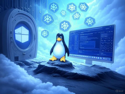 A penguin standing on a rock, with a Linux mascot theme, surrounded by digital elements like computers, clouds, and tech icons.