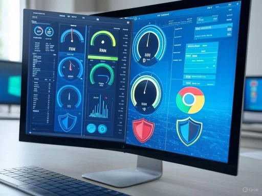 A dual-monitor setup displaying network performance and security dashboards with various gauges, graphs, and icons.