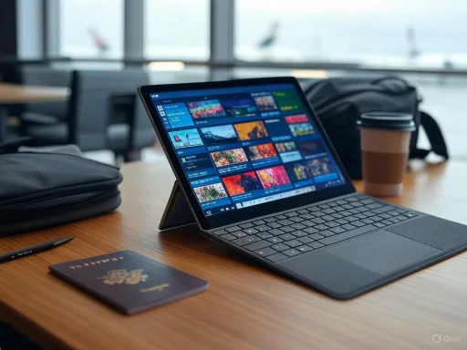 A tablet on a wooden table displays a colorful grid, flanked by a coffee cup, passport, and bags in an airport lounge.