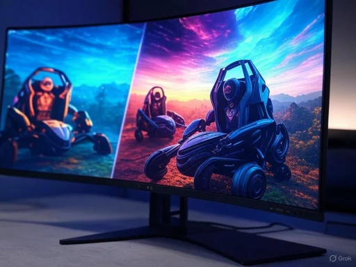 A robot with a futuristic design stands in a vibrant, colorful landscape on a high-resolution display screen.