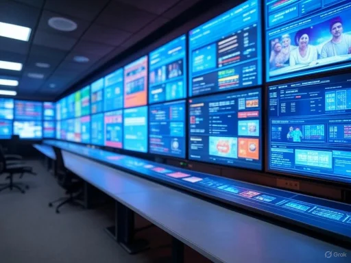 A control room with multiple large screens displaying various data and news feeds.