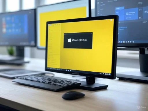 Multiple computer monitors display workspaces in a modern office environment.