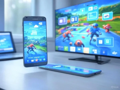 Tablet and smartphone displaying the same animated game scene with children playing outdoors.