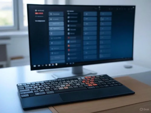 A computer setup featuring a keyboard and monitor displaying a blurred app interface in a bright, modern room.