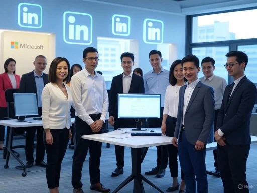 A diverse group of professionals gathers in a modern office with LinkedIn branding, posing confidently for a team photo.