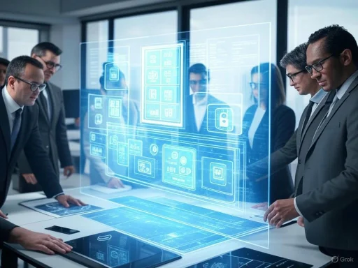 Business professionals analyze a holographic digital interface in a modern conference room.