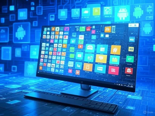 A computer monitor displaying various app icons, with a digital, futuristic background of floating app symbols. A computer monitor displaying various app icons, with a digital, futuristic background of floating app symbols.