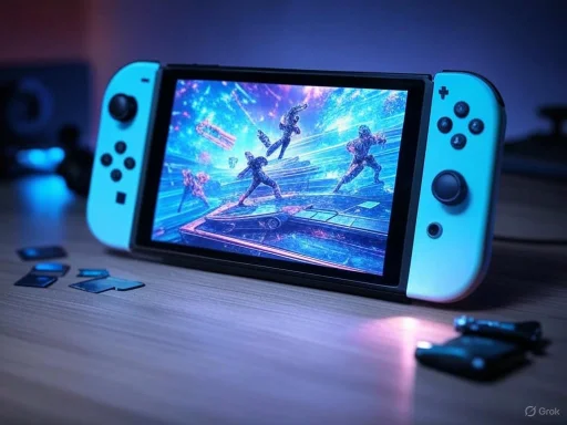 A Nintendo Switch displaying a vibrant video game scene with characters in an intense battle, on a wooden desk with game cartridges nearby. A Nintendo Switch displaying a vibrant video game scene with characters in an intense battle, on a wooden desk with game cartridges nearby.