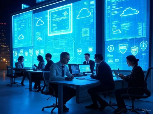 Team of professionals working on computers in a high-tech, digital operations room with large holographic screens. Team of professionals working on computers in a high-tech, digital operations room with large holographic screens.