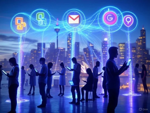 People use smartphones under holographic app icons with a city skyline in the background.
