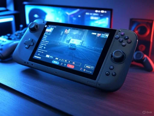 A handheld gaming console displaying a racing game, with monitors and gaming accessories in a dimly lit room.
