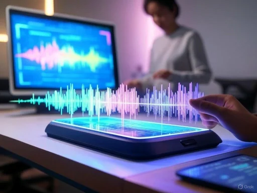 A person interacts with a futuristic holographic sound wave display connected to a tablet, with a monitor in the background. A person interacts with a futuristic holographic sound wave display connected to a tablet, with a monitor in the background.