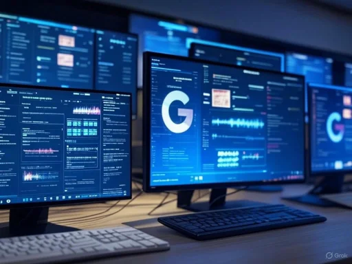 Multiple computer monitors display data, graphs, and the Google logo in a high-tech workspace.