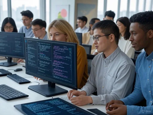 A diverse group of people learning programming or coding in a modern classroom setting.