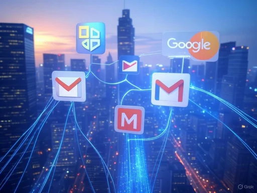 Digital collaboration of multiple Gmail and Google icons connecting over a city skyline at dusk. Digital collaboration of multiple Gmail and Google icons connecting over a city skyline at dusk.