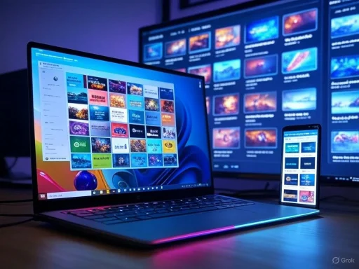 Multiple screens display a collection of digital images and videos, indicating a multimedia or content management setup. Multiple screens display a collection of digital images and videos, indicating a multimedia or content management setup.