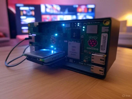 A Raspberry Pi inside a case connected to a display, with LED lights on, on a wooden table in a cozy room.
