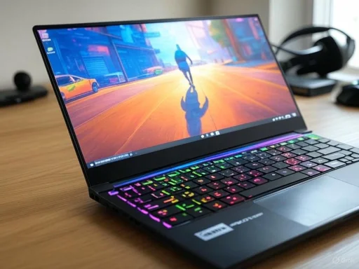 A colorful gaming laptop with RGB backlit keyboard on a wooden desk, displaying a vibrant city scene on the screen.