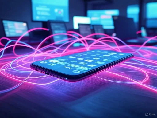 A smartphone on a desk with glowing pink and purple light trails, surrounded by multiple monitors in a tech-heavy environment.