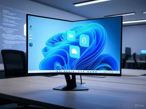 A widescreen monitor displays a blue abstract background with cloud and security icons in a modern office setting. A widescreen monitor displays a blue abstract background with cloud and security icons in a modern office setting.
