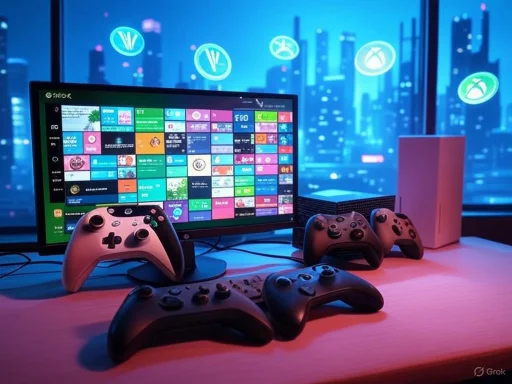A gaming setup with multiple controllers, a monitor displaying app icons, and a cityscape background neon lighting. A gaming setup with multiple controllers, a monitor displaying app icons, and a cityscape background neon lighting.